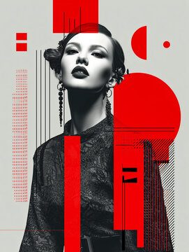 Striking black and white portrait of woman is creatively overlaid with bold red geometric shapes, creating modern and artistic editorial magazine cover. composition blends fashion and abstract art