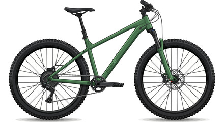 Fototapeta premium Green hardtail mountain bike with front suspension and knobby tires.
