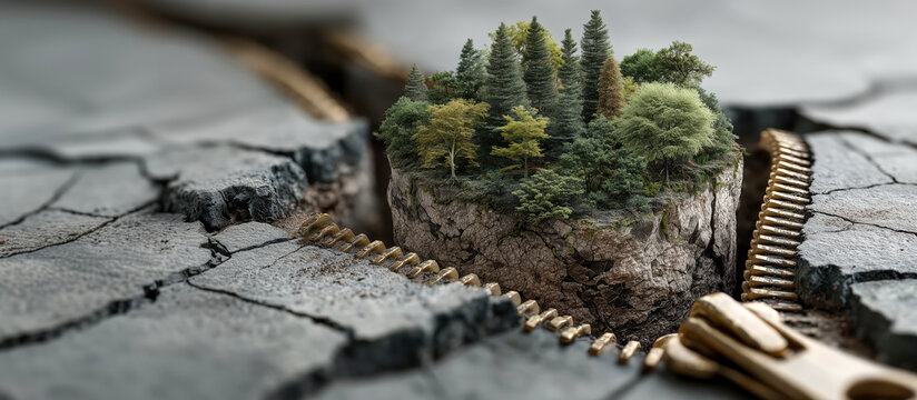 Zipper opens cracked dry land revealing lush green forest underneath, symbolizing hope and renewal. contrast between barren earth and vibrant nature is striking and thought provoking