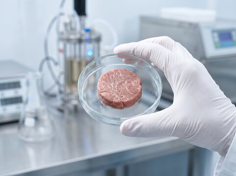 Scientist holding lab grown cultured meat patty in petri dish