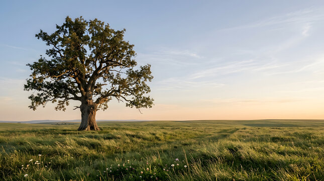 Large lonely oak tree standing in a green meadow at sunset
