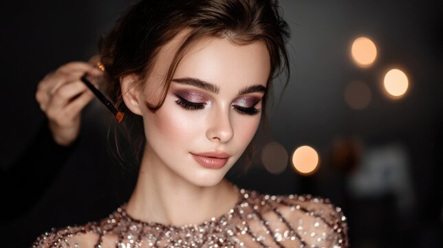 Medium shot of an evening glam makeup session with artists blending shimmering eyeshadow on a model the background softly out of focus.