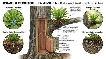 The bird's nest fern grows on a tropical tree trunk in a sunny rainforest. © Nur