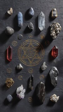 Various natural crystals and stones arranged around a mystical occult star symbol on a dark textured background