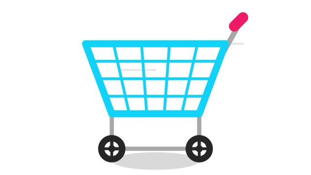 Animated flat design blue shopping cart moving forward on white background for ecommerce or retail concept