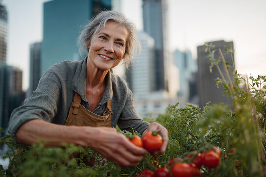 Urban Agriculture: Senior Woman Harvesting Tomatoes on City Rooftop