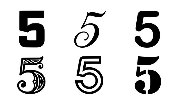 Number Five Typography Font Collection Featuring Vintage Calligraphy Bold Sans Serif Outline and Stencil Vector Lettering for Birthday Anniversary Graphic Designs