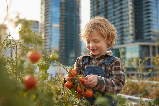 Urban Agriculture: Little Boy Harvesting Tomatoes on City Rooftop