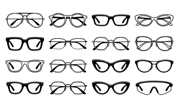 Modern Eyeglasses Frame Vector Icon Set Featuring Classic Aviator, Trendy Cat Eye, Wayfarer, and Nerd Glasses Outlines for Optometry Optical Store Branding