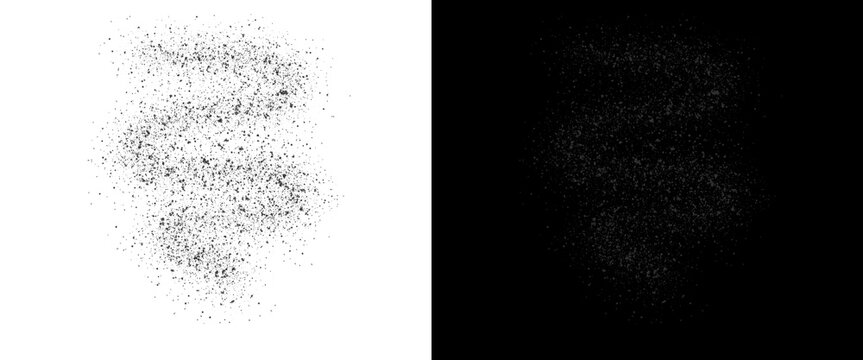 Abstract charcoal dust splash on white and black background, graphite powder explosion texture, organic charcoal particles in spiral motion