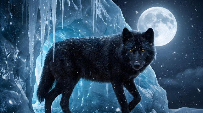 Black wolf standing in winter ice cave with full moon