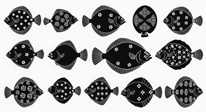 A collection of 14 stylized black flounder fish silhouettes featuring intricate white decorative patterns including floral motifs, geometric shapes, and mandala-inspired designs on white.
