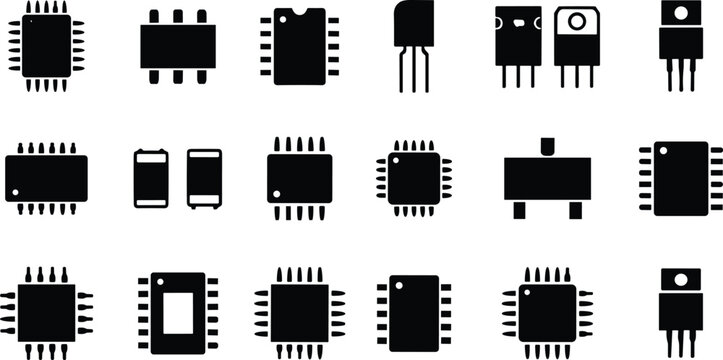 Electronic component and microchip silhouette icons set for hardware manufacturing and technology engineering