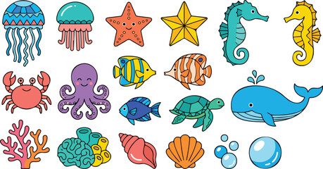 Sea animal icon set with jellyfish octopus fish turtle whale and coral illustration collection © PoremolChandra