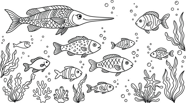Hand drawn underwater fish vector illustration set with coral reef seaweed bubbles starfish sea life coloring book style