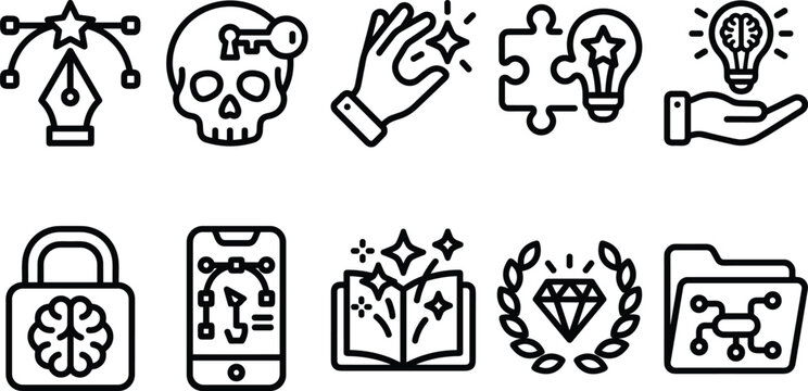 Creative design thinking psychology brainstorming and mind inspiration process thin line icons set
