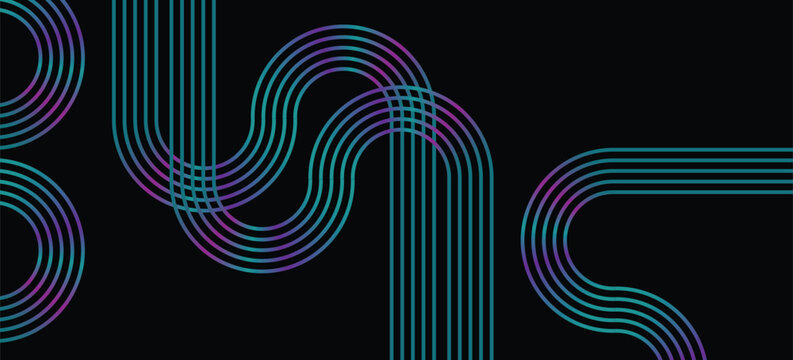 Black abstract background with trendy and modern colorful stripes design. Abstract linear maze concept for cover, banner, brochure, presentation, and certificate. Vector illustration