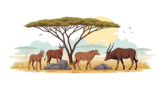 Herd of antelopes in African savanna landscape flat illustration