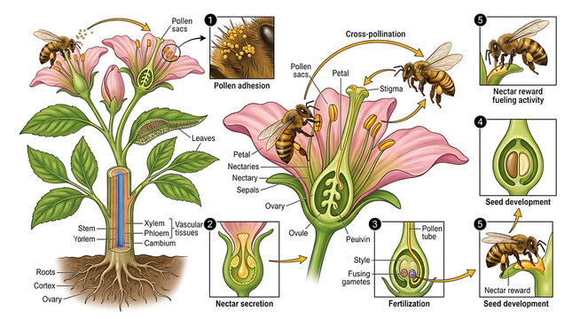 A detailed illustration of a flowering plant with bees pollinating flowers showing various parts and stages.