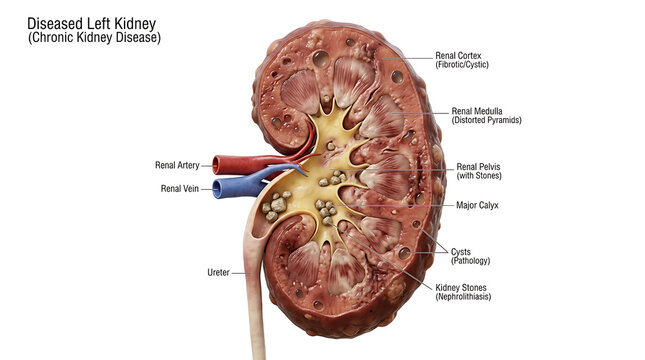A diseased left kidney with chronic kidney disease is shown in a detailed medical illustration.