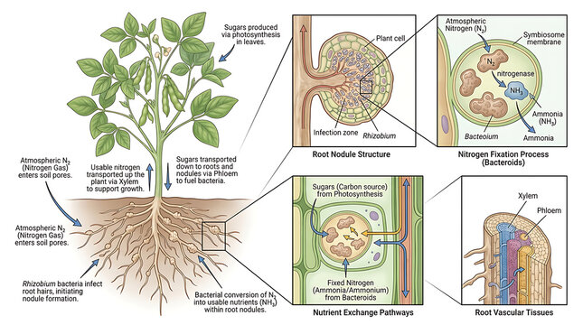 Detailed plant anatomy diagram showing root nodules and leaf structures in educational illustrations.