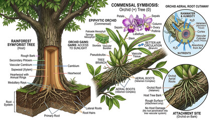 The cross-section illustration of a tree shows commensal symbiosis with orchid roots growing on it in a forest ecosystem environment. © Nur