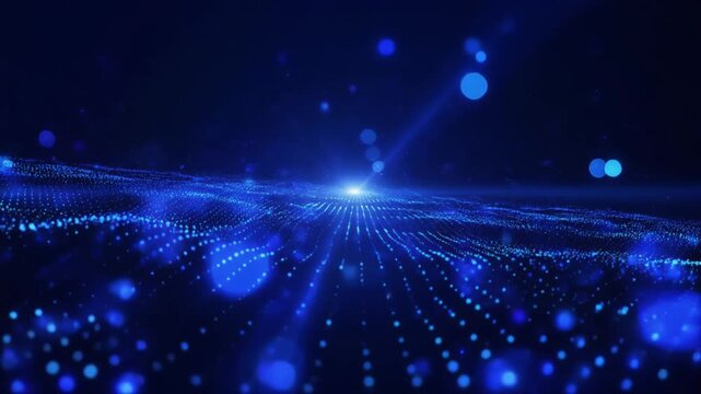 Sapphire blue luminous particles drift through deep black background with volumetric light rays, metallic reflections and cinematic depth, creating premium technology and luxury branding aesthetic.