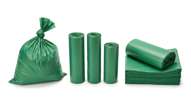 Green trash bags and rolls for waste disposal