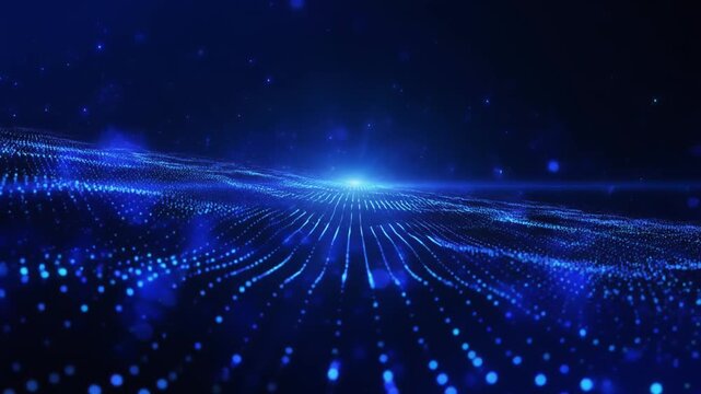 Sapphire blue luminous particles drift through deep black background with volumetric light rays, metallic reflections and cinematic depth, creating premium technology and luxury branding aesthetic.