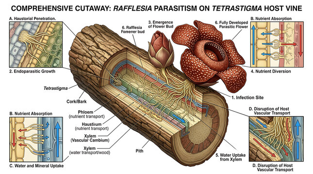 Rafflesia parasitism on Tetrastigma host vine comprehensive cutaway illustration