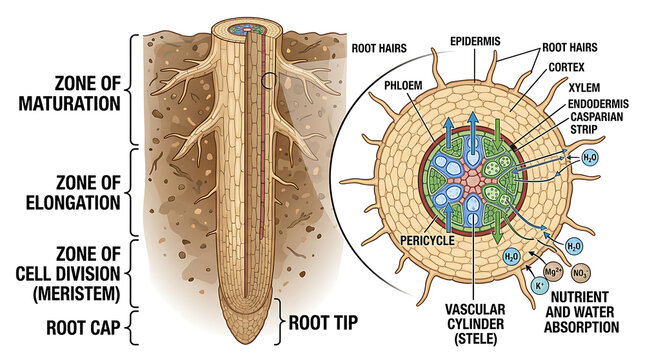 The root tip anatomy diagram shows a longitudinal section of root structure with labeled zones and a cross-sectional view.