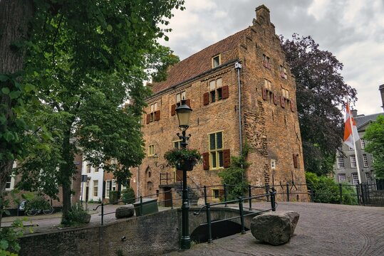 Medieval Groot Tinnenburg House and Stone Bridge in Amersfoort, Netherlands