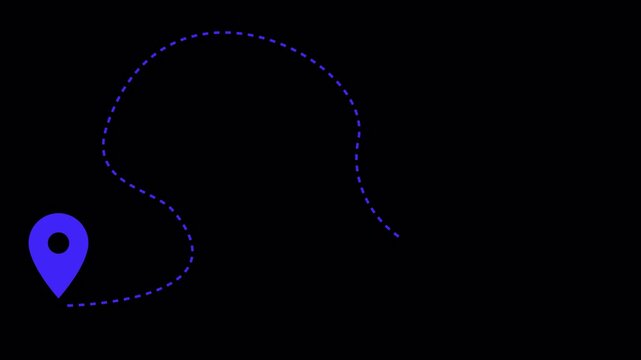 Map pointer pin and dotted route line animation on transparent background, location navigation travel and destination tracking motion graphic video in 4k.