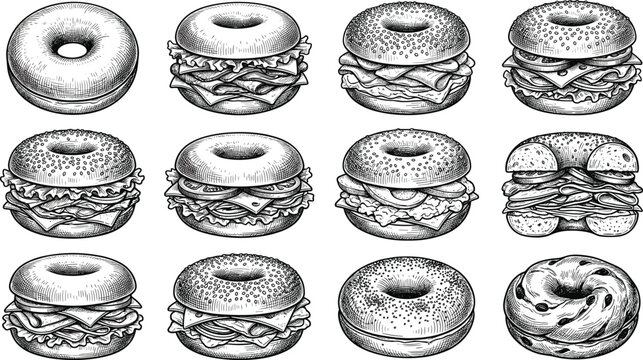 Hand drawn bagel sandwich vector illustration set with fresh cream cheese sesame bread breakfast vintage woodcut engraving style