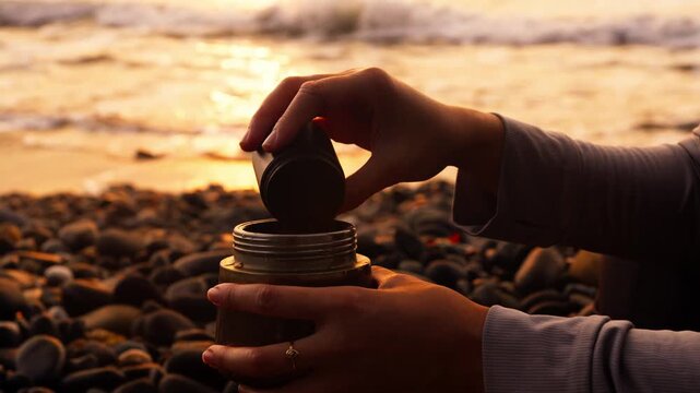 Hand Pouring Freshly Ground Coffee into a Moka Pot at Sunset on the Beach