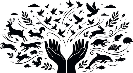 Obraz premium Hands Protecting Wildlife and Nature Silhouette