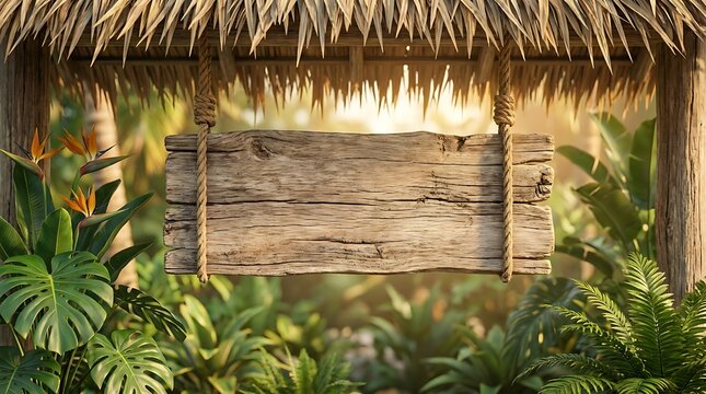 Tropical hut with wooden sign board.