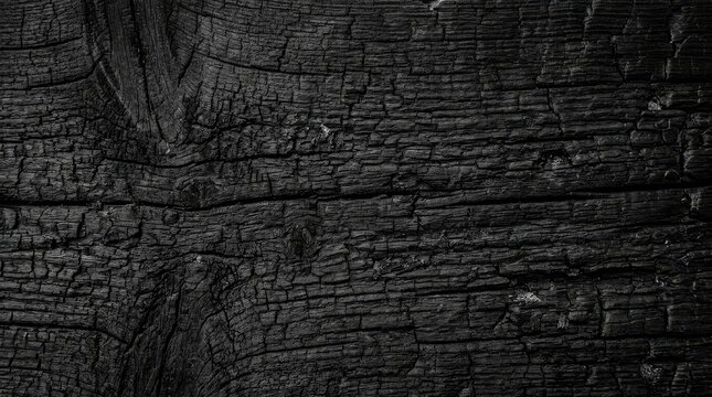 Close-up of a charred burnt wood surface with cracked texture
