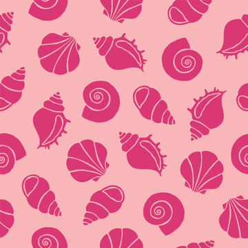 Hand drawn style seashells seamless pattern. Pink ocean conch illustrations for summer branding, beach party and nautilus decor.