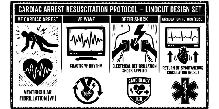 VF Cardiac Arrest Linocut Black White-VF Wave Defib Shock Circulation Return-Resuscitation Vector-VF Icon Linocut-Cardiology ICU Design Set