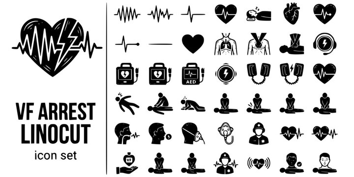 VF Cardiac Arrest Linocut Black White-VF Wave Defib Shock Circulation Return-Resuscitation Vector-VF Icon Linocut-Cardiology ICU Design Set