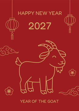 Chinese New Year 2027 greeting card. Golden outline goat character, sakura flowers, and Asian decorations on red background.
