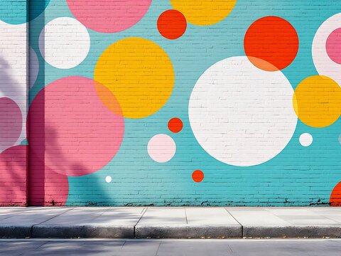 Colorful circles painted on a brick wall near sidewalk and road  urban art