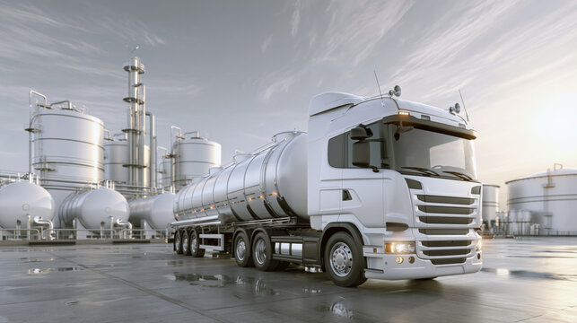 Fuel tanker truck delivering gasoline to gas station storage tanks, industrial logistics concept