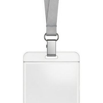 blank plastic id card with gray lanyard and metal clip