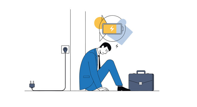 Exhausted Businessman Sitting with Low Battery Icon