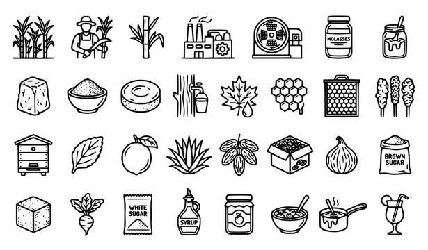 Sugarcane and natural sweetener linear icon pack | 30 outline sugar production icons with editable strokes | White background vector illustration