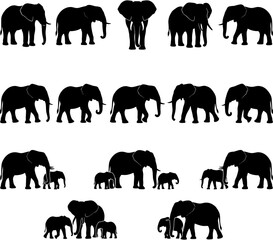 Silhouette, elephant, family, baby, calf, walking, standing, wildlife, safari, nature, icon, set, vector, collection, animal, mammals, Africa, conservation, zoo, illustration  © Delowara