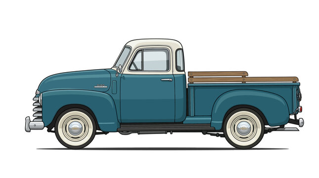 Blue and white vintage pickup truck illustration isolated on white background