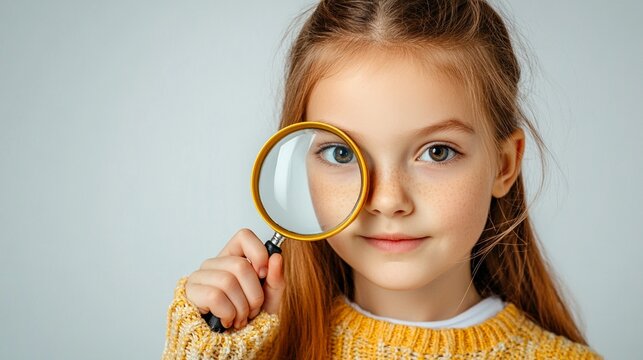Curious young girl with long red hair and freckles holds a magnifying glass to her eye, enhancing its appearance. Her yellow sweater adds a cheerful touch to the image.